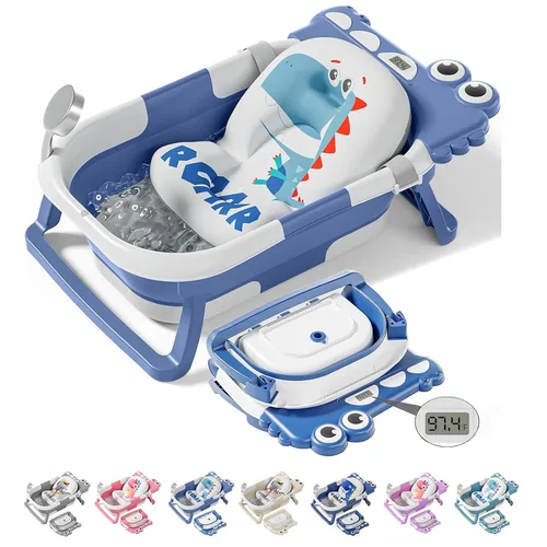 TPN - Bañera plegable para bebés con cojín suave y termómetro en tiempo real, bañera portátil de viaje para recién nacidos e infantes (de 0 a 36