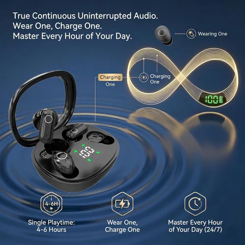 Vista 8 de Auriculares inalámbricos, funda 2 en 1 (audífonos mini para dormir y auriculares semiintrauditivos), auriculares Bluetooth con pantalla de Negro
