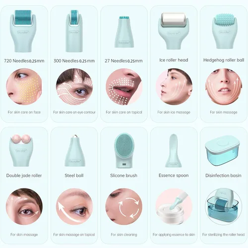 Vista 2 de Kit de Rodillo Derma 10 en 1, Rodillo de Microagujas de 0.25mm, Rodillo Derma de Microagujas con, Rodillo de Belleza Facial, Herramientas de Cuidado