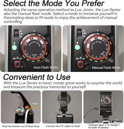 Vista 4 de Godox Lux Senior Retro Camera Flash,3.7V/1700mAh batería recargable, GN14 6000K ± 200K 1.102 in de longitud focal, flash automático/manual, flash