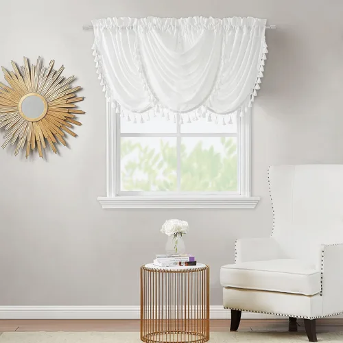 Vista 7 de Vision Home Cortina de cascada semitransparente gris plateado con adornos de borlas decorativas, mezcla de lino sólido, cortina para cocina