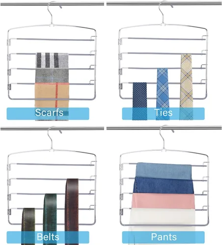 Vista 5 de FeeraHozer Perchas para pantalones que ahorran espacio, paquete de 3 unidades, antideslizantes, 5 capas, multifuncionales, estante para pantalones