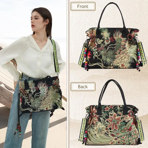 Vista 3 de Jursccu Bolsos de lona para mujer, bolsos bordados, bolsos de hombro casuales elegantes