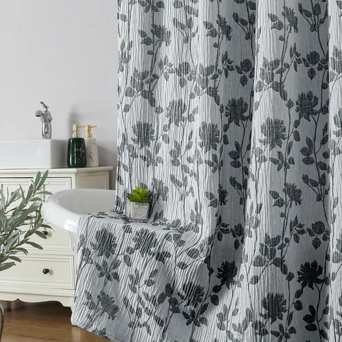 OVZME Cortina de ducha floral negra de 72 pulgadas de largo, cortina de baño de textura arrugada y gruesa de calidad hotelera, decoración de baño