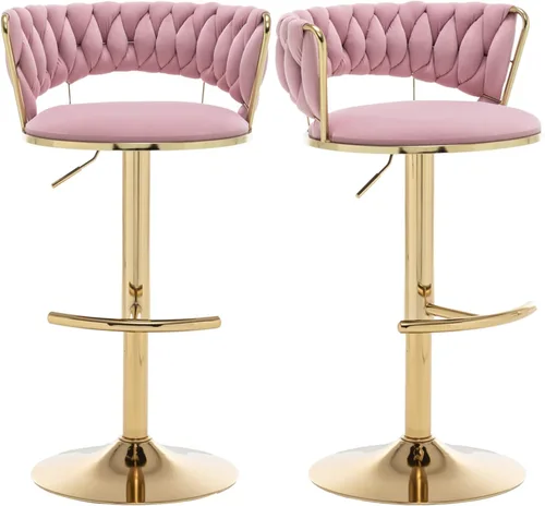 Vista 20 de Riknuxi Juego de 2 Taburetes de Bar de Terciopelo, Taburetes de Bar de Altura de Mostrador con Respaldo Bajo, Taburete de Bar Giratorio Dorado