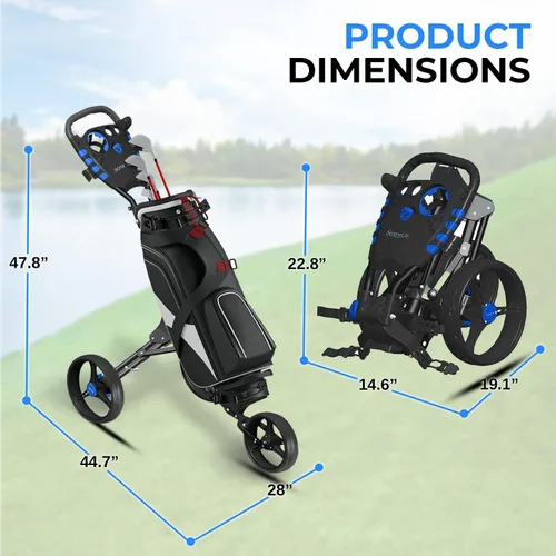 Vista 7 de SereneLife Golf Push Pull Cart – Lightweight, Foldable, Bag Holder with Adjustable Handle, Compact Folding Golf Trolley for Travel Azul medianoche
