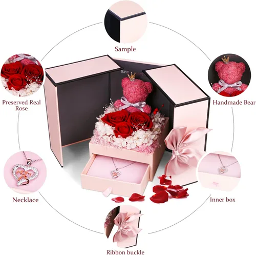 Vista 2 de IDFALKFD El juego de regalos de rosa preservada incluye collar de plata de ley 925 con diseño de corazón y joyería para mamá, día de la madre