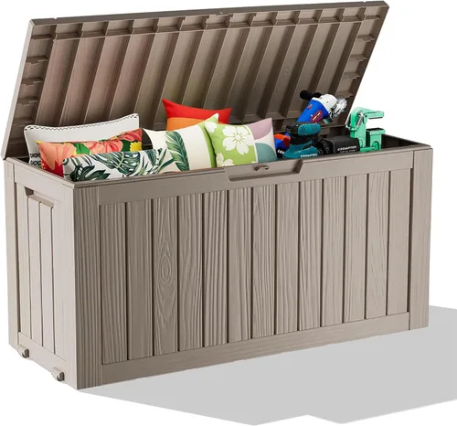 Vista 18 de Caja de cubierta de resina impermeable de 30 galones, resistente a los rayos UV, almacenamiento al aire libre para jardín, patio, porche, entrega