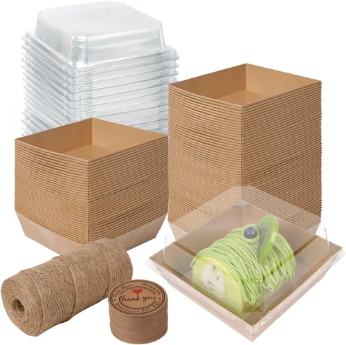 Kosotody Paquete de 50 Cajas de Charcutería con Tapas Transparentes, 4 Pulgadas Cajas de Papel Kraft Marrón Resistente al Aceite para Panadería,