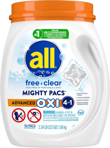 all Mighty Pacs - Paquete de detergente para ropa sucia con quitamanchas y blanqueadores OXI, transparente, sin perfume y sin tintes, 56 unidades