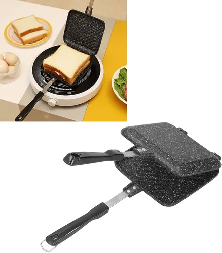 Vista 4 de Cyrank Sartén de doble cara, sándwich caliente de aluminio para hacer panini, máquina de quesos a la parrilla, antiadherente, tostadora de sándwich