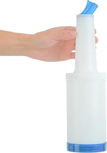 Vista 10 de Restaurantware Botella de plástico de 1 cuarto de galón de almacenamiento con boquilla azul y tapa, botella de almacenamiento de barra, 3 1/2 x 3