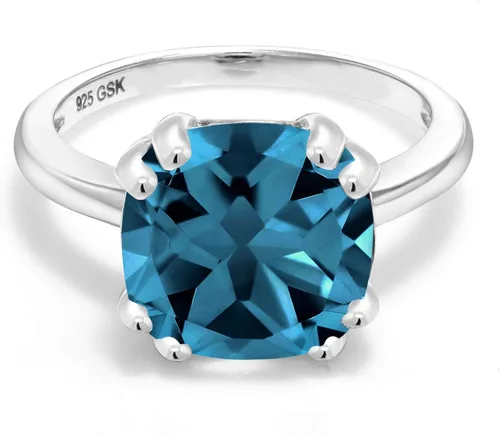 Gem Stone King Anillo de compromiso de plata de ley 925 con topacio azul Londres de doble punta para mujer (4.35 quilates, corte de cojín de 0.35