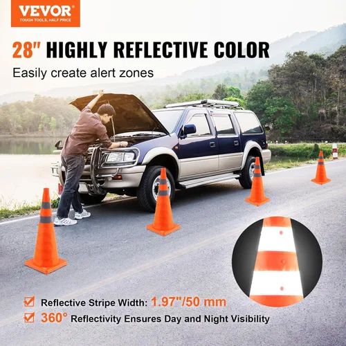Vista 2 de VEVOR Conos de seguridad, paquete de 4 conos de tráfico plegables de 28 pulgadas, conos de construcción con collares reflectantes, base ancha y una