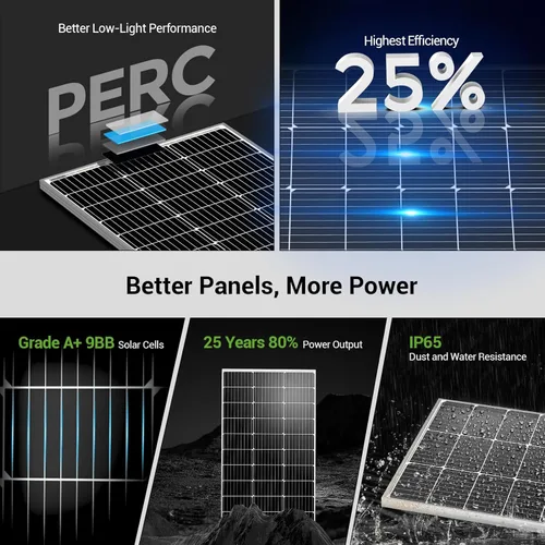 Vista 2 de HQST Panel solar monocristalino de 100 W 12 V con conectores solares, módulo de alta eficiencia de energía fotovoltaica para carga de batería