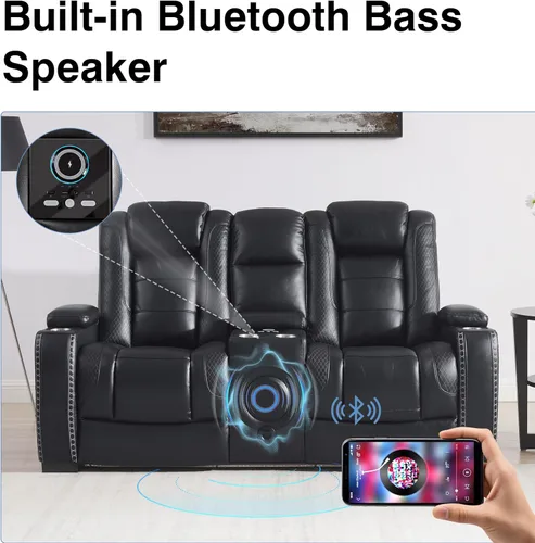 Vista 4 de THSUPER Sofá reclinable de cuero negro para sala de estar, juegos de muebles con almacenamiento de brazos y reposacabezas eléctrico, juego de sofá