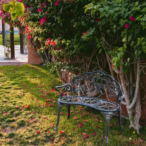 Vista 2 de Banco de aluminio fundido para exteriores, banco de jardín de rosas para patio, parque, césped, patio (bronce)