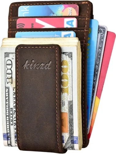 Vista 5 de Clip para dinero cartera de bolsillo frontal cartera delgada de cuero con bloqueo RFID fuerte imán Cartera RFID