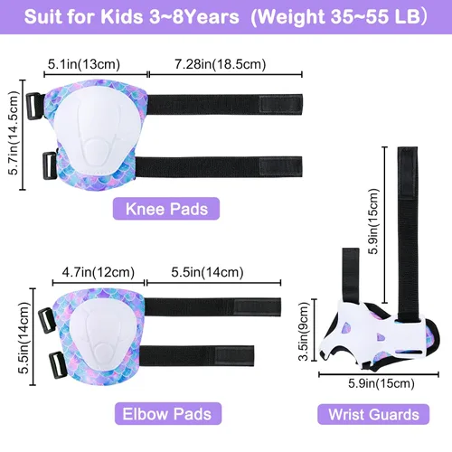 Vista 5 de FIODAY Rodilleras para niños, conjunto de equipo de protección ajustables para niños, rodilleras y coderas con protector de muñeca para niñas