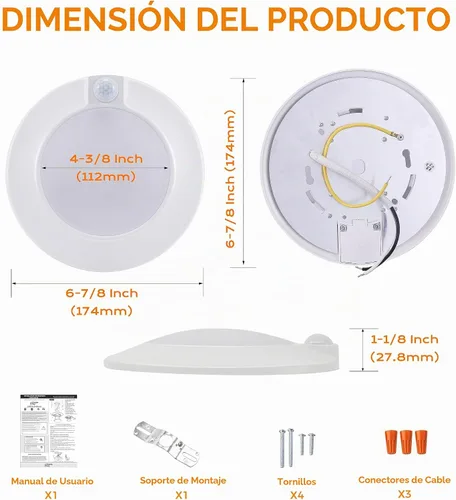 Vista 9 de CLOUDY BAY Lámpara de techo con sensor de movimiento de 5 colores, 120 V CRI90 10 W, 6.5 pulgadas, 2700 K/3000 K/3500 K/4000 K/5000 K, montaje 5CCT