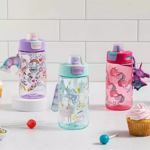 Vista 6 de Ello Colby Pop! Botella de agua Tritan de 14 onzas para niños con juguete para ansiedad, paquete de 3 (Sky High)