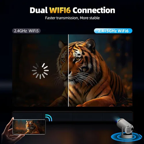 Vista 5 de Mini proyector con WiFi y Bluetooth, proyector 4K con altavoz base de sonido de 5 W, proyector portátil para dormitorio, proyector inteligente