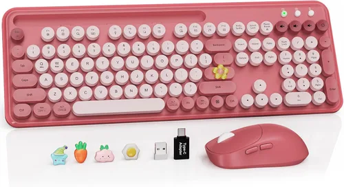 Vista 22 de Combo de teclado y mouse inalámbricos, teclado retro con teclas redondas, teclado estilo máquina de escribir de tamaño completo con reposamuñecas