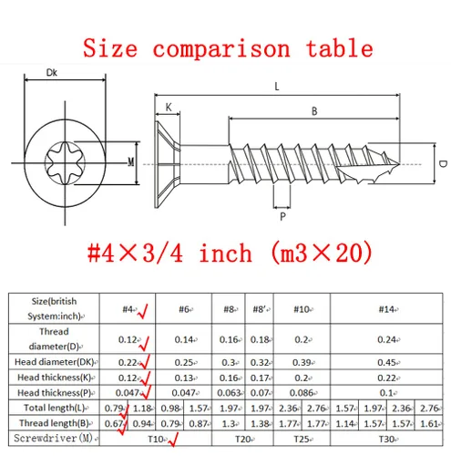 Vista 5 de Tornillos para madera #4 × 34 pulgadas Torx Star Drive Tornillos de cubierta de cabeza plana M3 × 20 avellanados T10 Autoperforantes Corte de rosca
