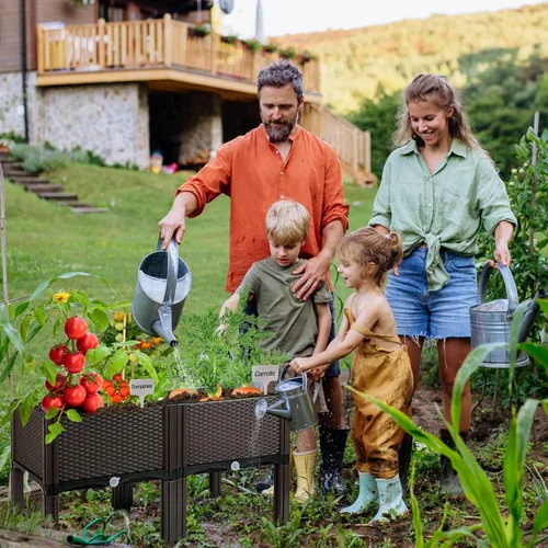 Vista 2 de Cama de jardín elevada con patas, maceta elevada de plástico para plantas, flores, verduras y hierbas al aire libre