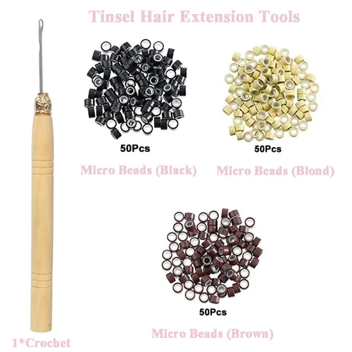 Vista 4 de Kit de oropel para el cabello con herramientas, extensiones de cabello de oropel negro, 6 piezas, 1200 hebras con brillantina, kit de oropel