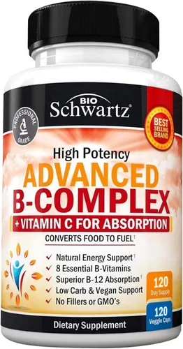 Vista 10 de Complejo de vitamina B con vitamina C para una máxima absorción – Metilcobalamina b12 y folato ácido fólico suplemento – Vitaminas B1 B2 B3 B5 B6 B7