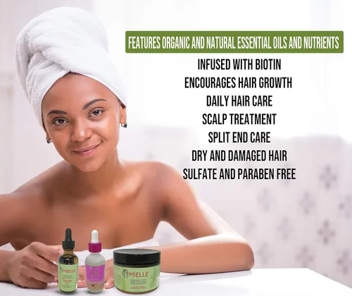 Vista 3 de Mielle Organics Complete COMBO: Aceite orgánico para el cabello y menta de romero (2 fl oz), mascarilla capilar (12 fl oz), gel fortalecedor