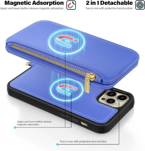 Vista 4 de Antsturdy Funda tipo cartera desmontable 2 en 1 para iPhone 13 Pro Max con MagSafe, bloqueo RFID, carga magnética, inalámbrica, funda de piel azul