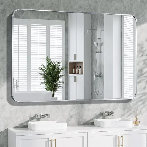 Vista 24 de Koonmi Espejo de baño, 30 x 36 pulgadas, espejo con marco de metal negro para baño, vidrio templado, antioxidante, espejo rectangular redondeado