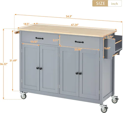 Vista 75 de P PURLOVE Carrito de isla de cocina con parte superior de madera y ruedas de bloqueo, carrito móvil de isla de cocina con armario de 4 puertas