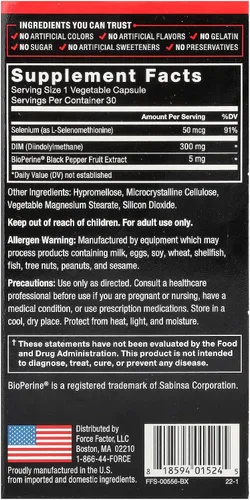 Vista 2 de Force Factor Píldoras DIM para disminuir el estrógeno en hombres, suplemento de diindolilmetano con ingredientes naturales clave y absorción