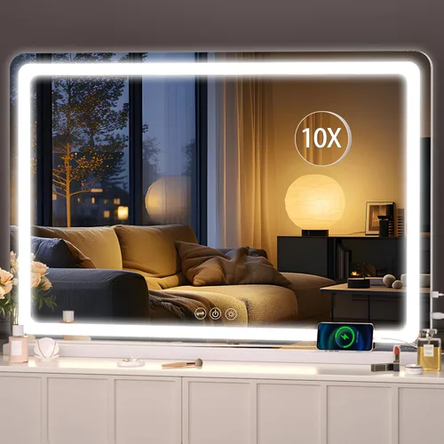 Vista 24 de Hasipu Espejo de tocador con luces, espejo de maquillaje LED de 32 x 24 pulgadas, espejo de maquillaje iluminado con 3 modos regulables, espejo