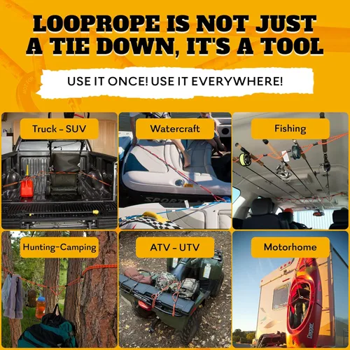 Vista 7 de LOOPROPE Cuerda elástica con sistema de amarre de ganchos Correa de carga ajustable Sin nudos Camión, RV, ATV, camping, accesorio al aire