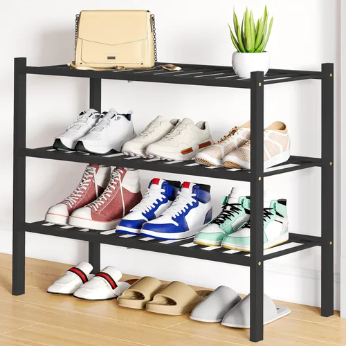 Vista 58 de Smiry Zapatero pequeño de bambú de 2 niveles, apilable, estante de almacenamiento de zapatos de madera para armario, entrada, entrada de puerta Negro
