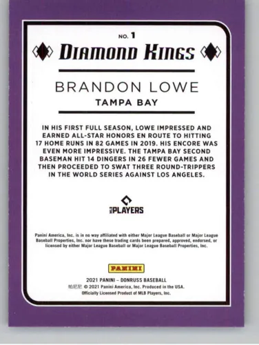 Vista 2 de 2021 Donruss Holo Red #1 Brandon Lowe Tampa Bay Rays Diamond Kings MLB PA Trading Card From Panini in Raw (NM or Better) Condition