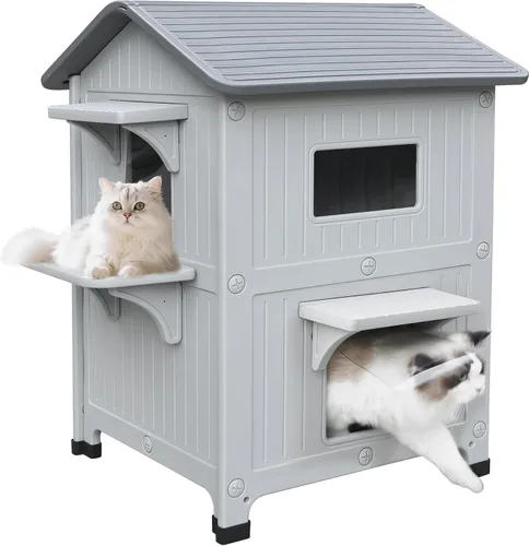 Vista 12 de Casa aislada para gatos al aire libre, resistente a la intemperie, de plástico, con puerta de escape, 2 pisos, impermeable, refugio para gatos