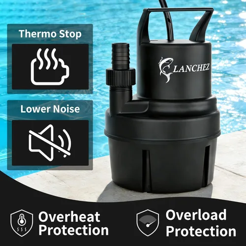 Vista 5 de LANCHEZ Bomba de sumidero, bomba de agua sumergible de 1/6 HP 1037 GPH, bomba de utilidad portátil termoplástica de baja succión para piscina