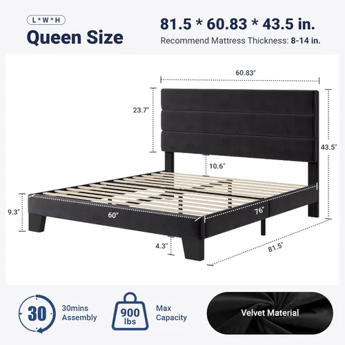 Vista 2 de Allewie Base de cama de plataforma tamaño Queen con cabecera tapizada de terciopelo y soporte de listones de madera, base de colchón totalmente Negro
