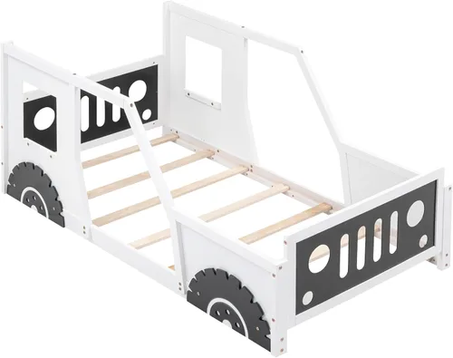 Vista 95 de Cama de plataforma en forma de auto de carreras de tamaño individual con ruedas, marco de cama de plataforma de madera con dos asientos y soporte