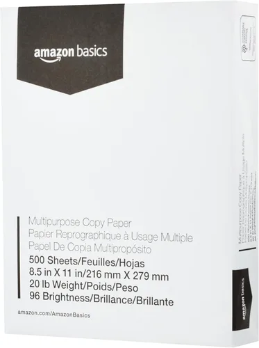 Amazon Basics - Papel de copia multipropósito para impresora (blanco brillante 96, 8.5 x 11 pulgadas, 1 resma (500 hojas)