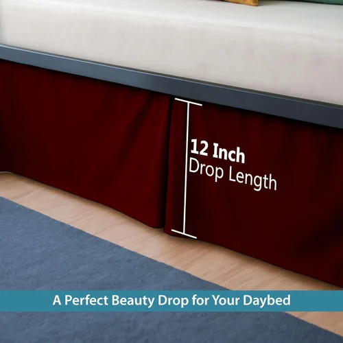 Vista 4 de Falda de cama plisada para sofá cama, falda de día individual color burdeos, caída de 12 pulgadas, 100% microfibra, falda de cama para sofá cama