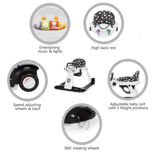 Vista 4 de 2-in-1 Charlie Baby Walker, Easy Convertible Baby Walker, Walk Behind, Height Adjustable, Speed Adjusting Wheels, 360-degree Rotating Seat, Black