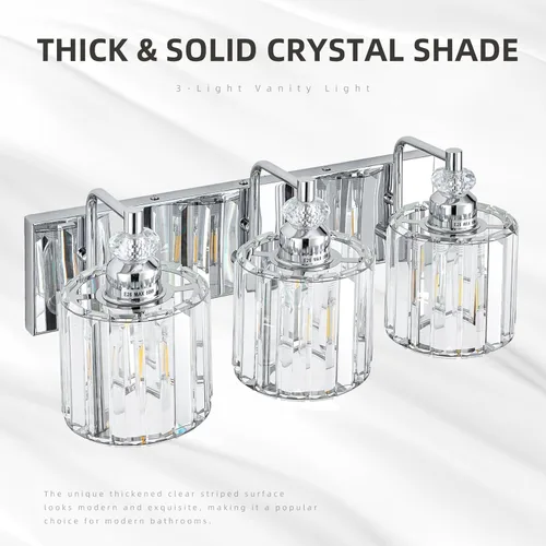 Vista 2 de Lámpara de baño moderna de 3 luces, luces cromadas para tocador de baño sobre espejo, iluminación de pared con pantallas de cristal K9, base E26