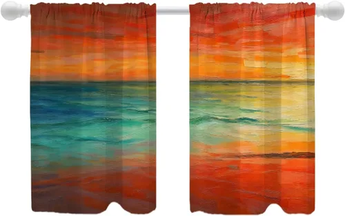 Vista 95 de Shrahala Beige and Orange Abstract Art Brushstrokes Tier Curtains for Kitchen Windows, Abstract Oil Paint Cafe Curtain Multilayer Polyester Blackout