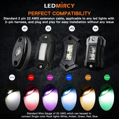 Vista 7 de Cable de extensión de luces LEDMIRCY para luces de roca LED - 5 pies 22AWG Conectores impermeables macho hembra 6 piezas 11mm tuerca